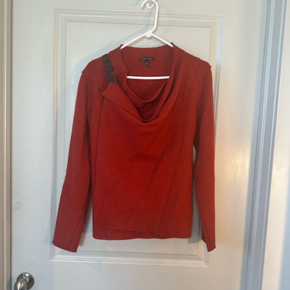 Eileen Fisher Rust Red 100% Wool & Leather Buckle Draped Sweater, Medium - Picture 10 of 10